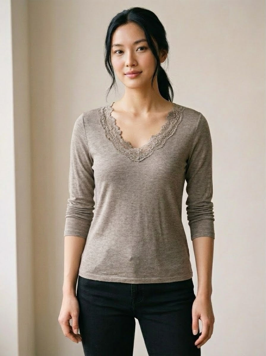 Mollie taupe cashmere-blend lace top front view