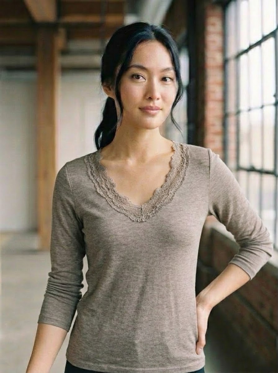 Mollie taupe long-sleeved top with lace-trimmed V-neckline
