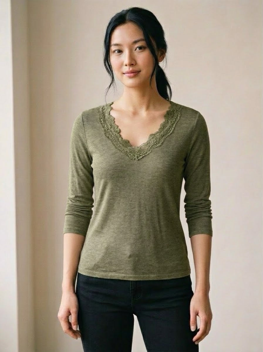 Mollie khaki cashmere-blend lace top front view
