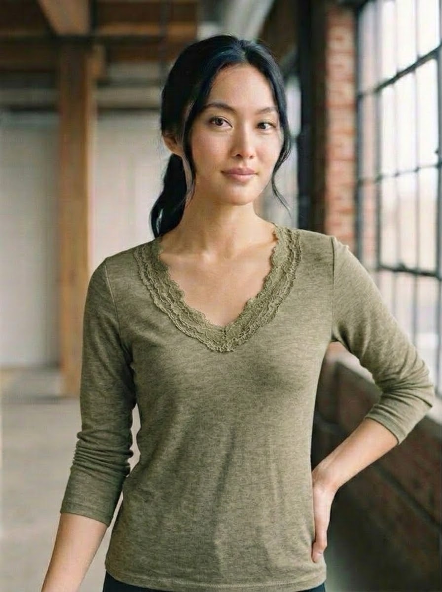 Mollie khaki long-sleeved top with lace-trimmed V-neckline