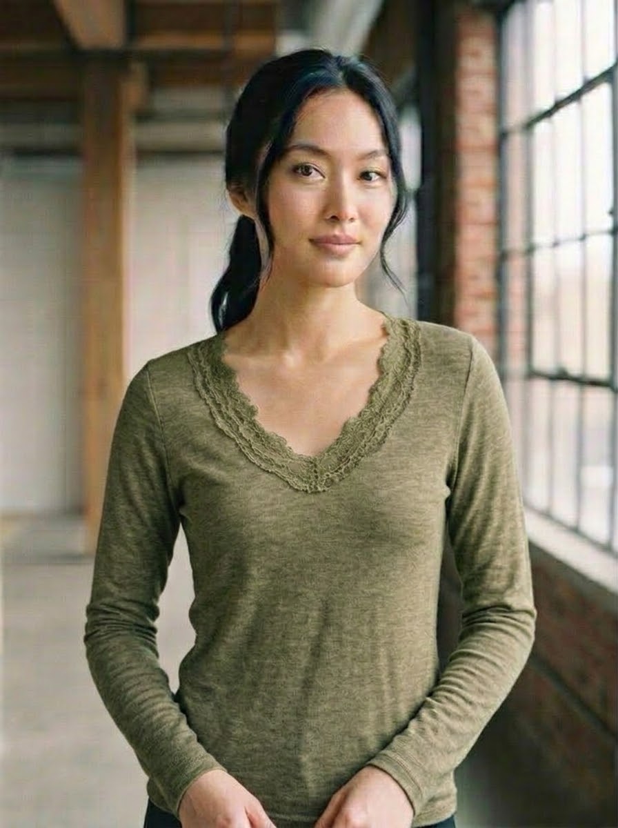 Mollie khaki soft-touch lace top styled on model