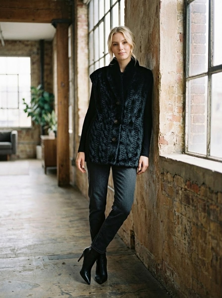 Gina black cable-textured gilet with V-neck