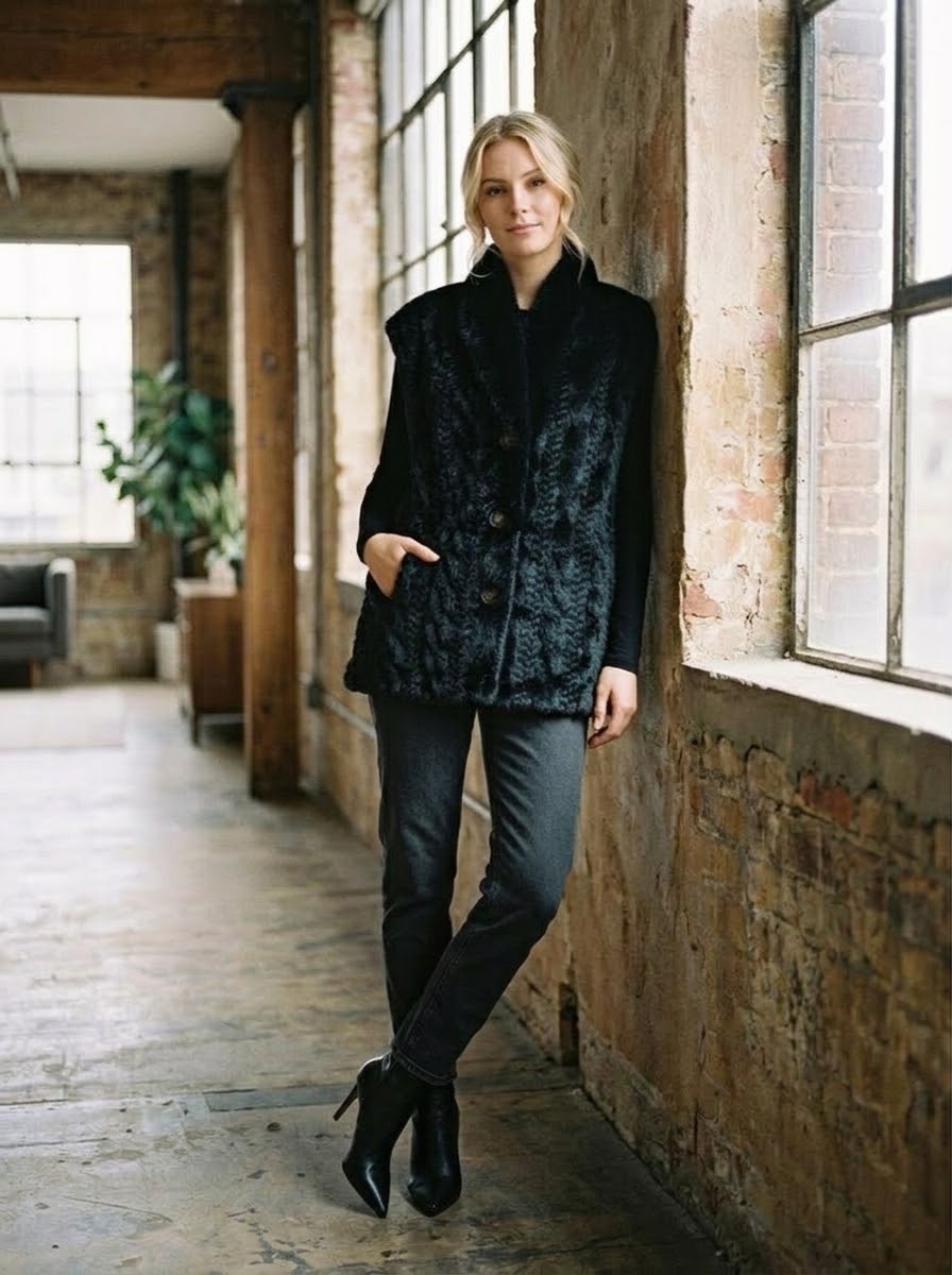 Gina black faux-fur cable gilet worn on model