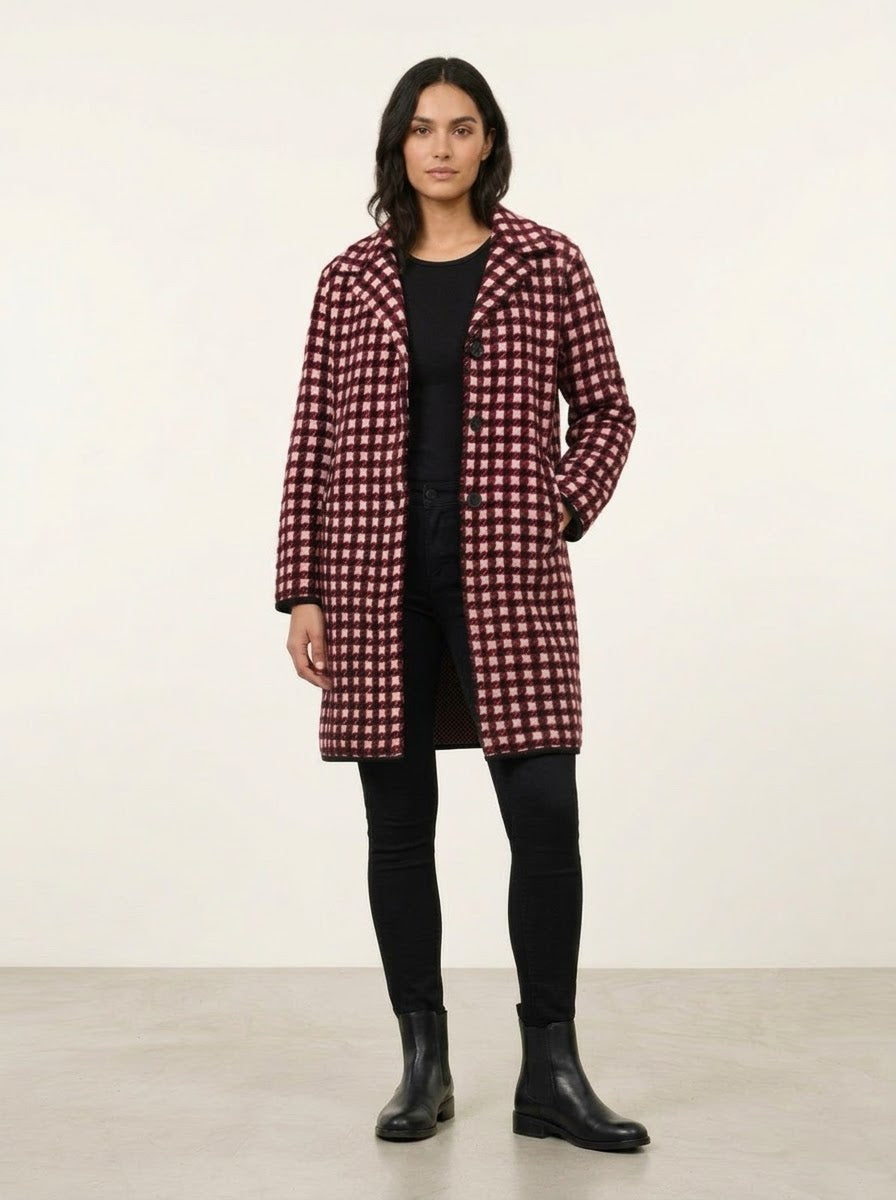 Libby red check midi length knitted coatigan