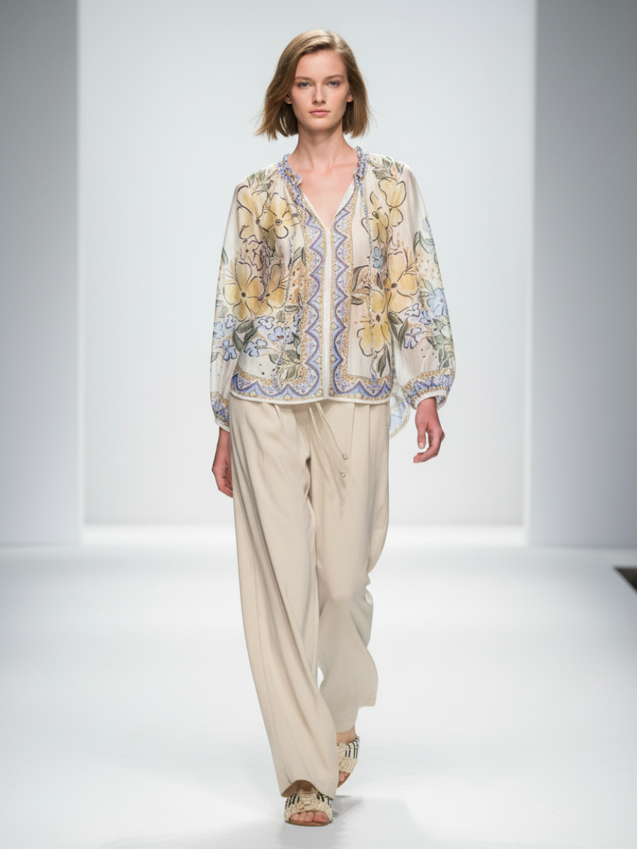 Jessica - Tie front printed blouse