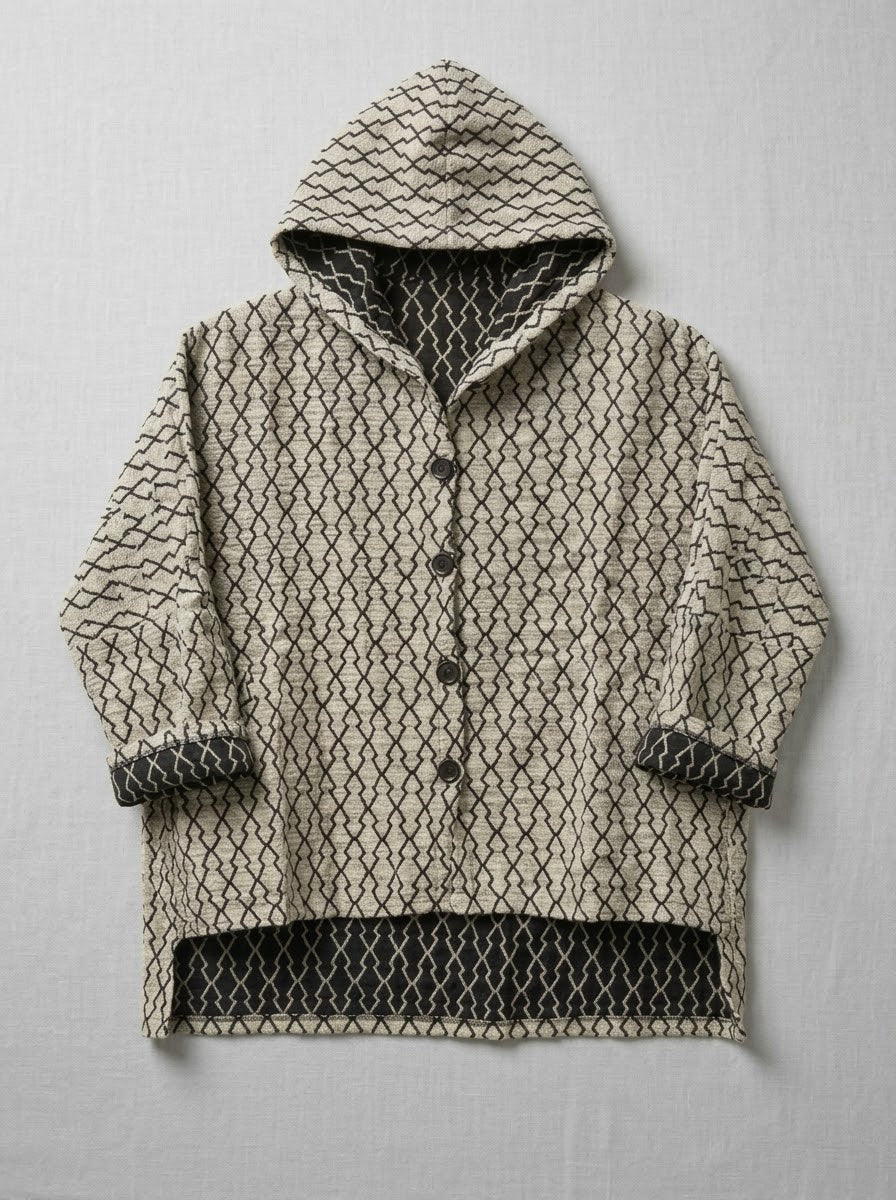 Ingrid diamond print hooded jacket in oatmeal, front product view