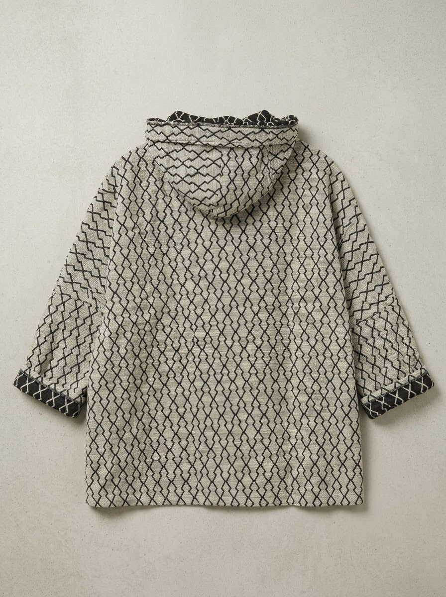 Ingrid diamond print hooded jacket in oatmeal, back product view