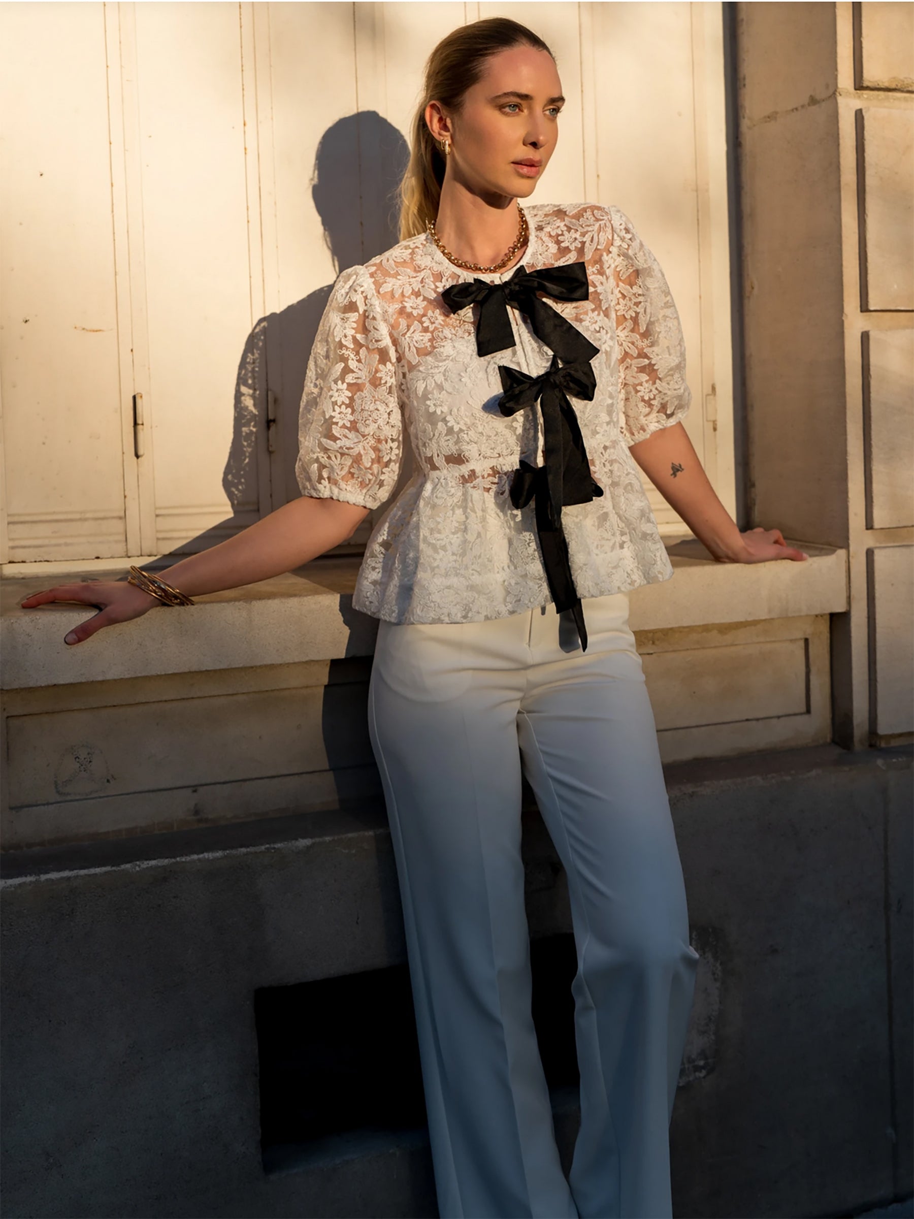 Mari white lace tie front peplum hem top