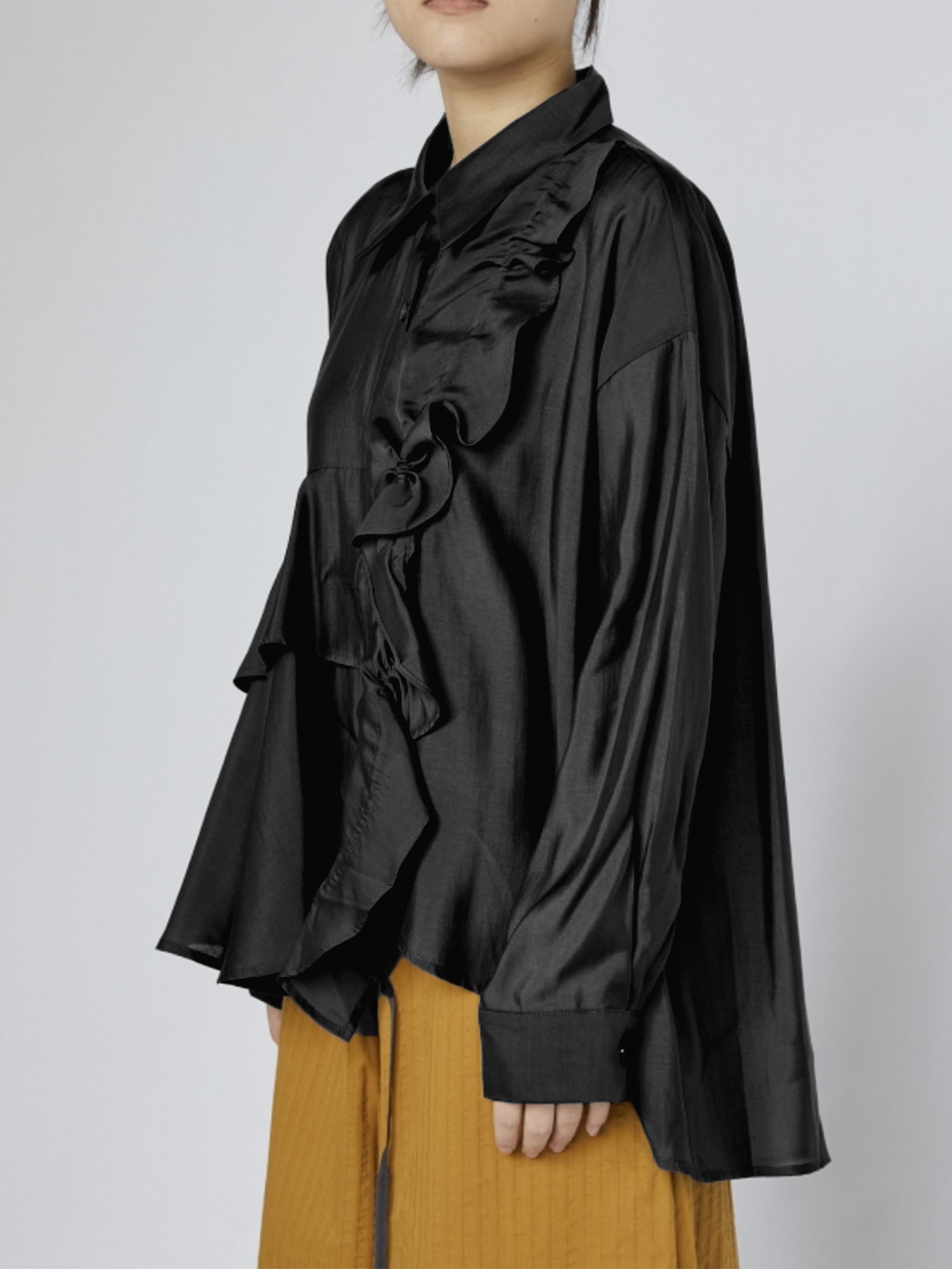 Wilma - frill front gathered blouse black