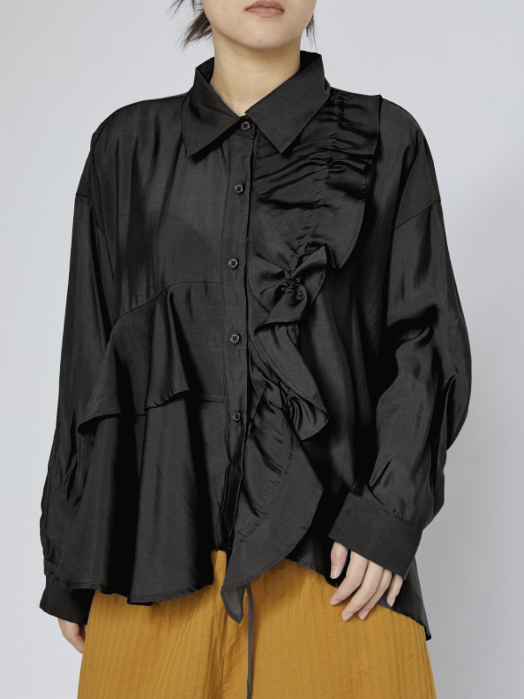 Wilma - frill front gathered blouse black