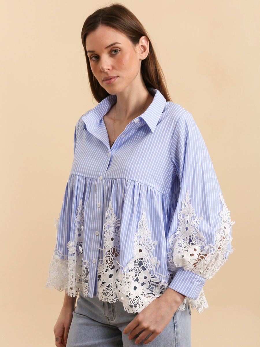 Faith - Blue stripe and lace peplum shirt