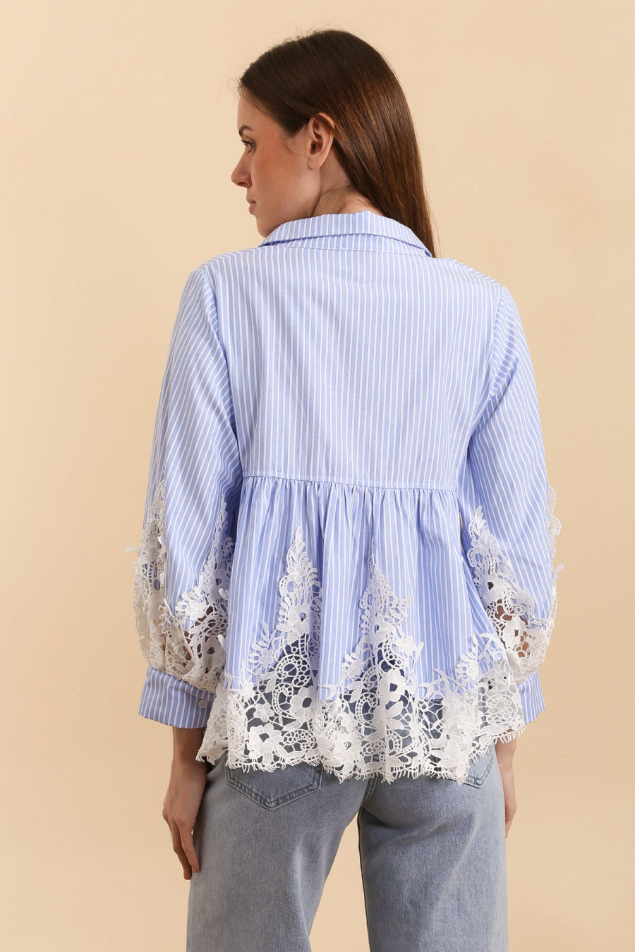 Faith - Blue stripe and lace peplum shirt
