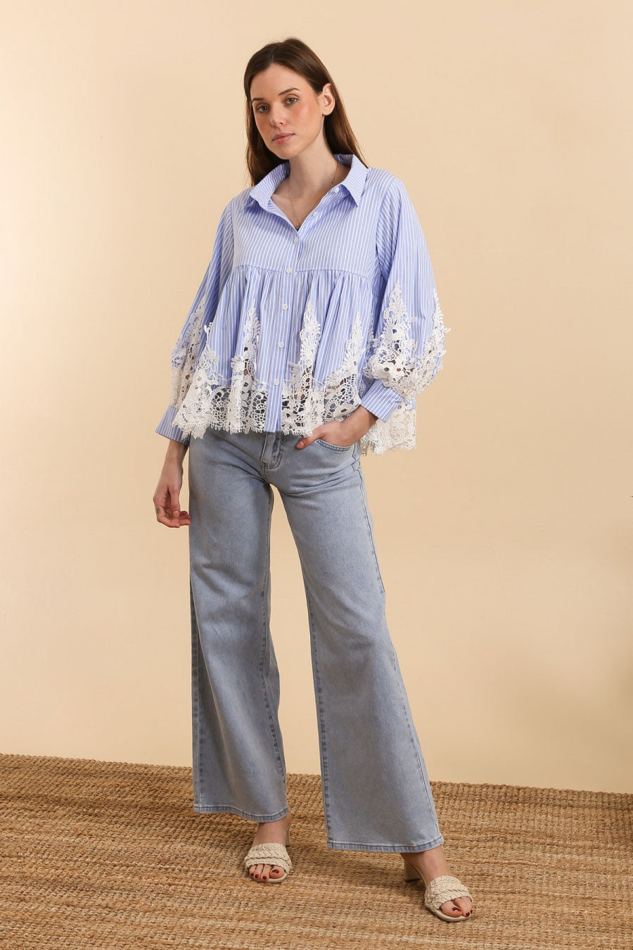 Faith - Blue stripe and lace peplum shirt