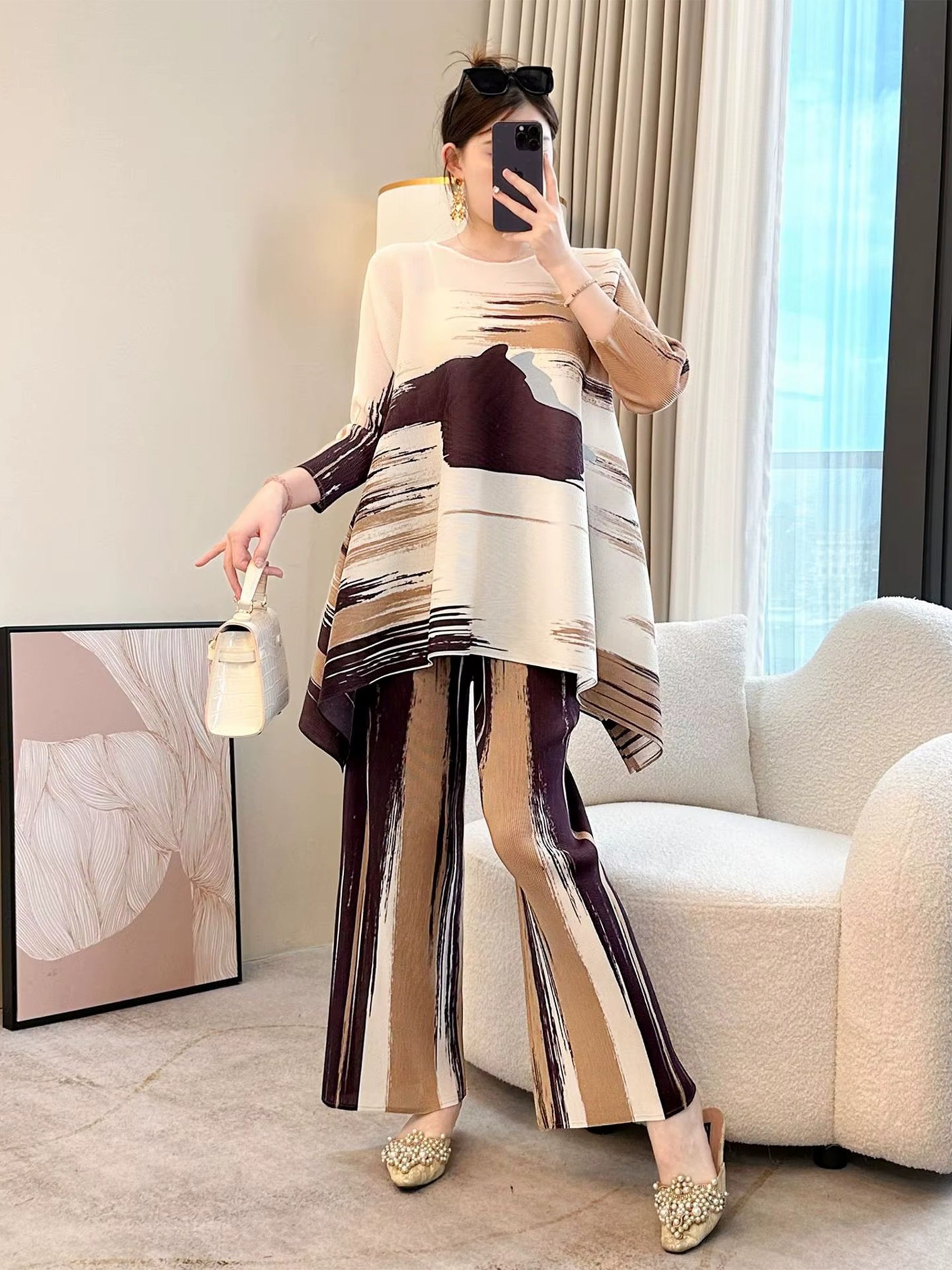 Marie - Printed asymmetric top & trouser set