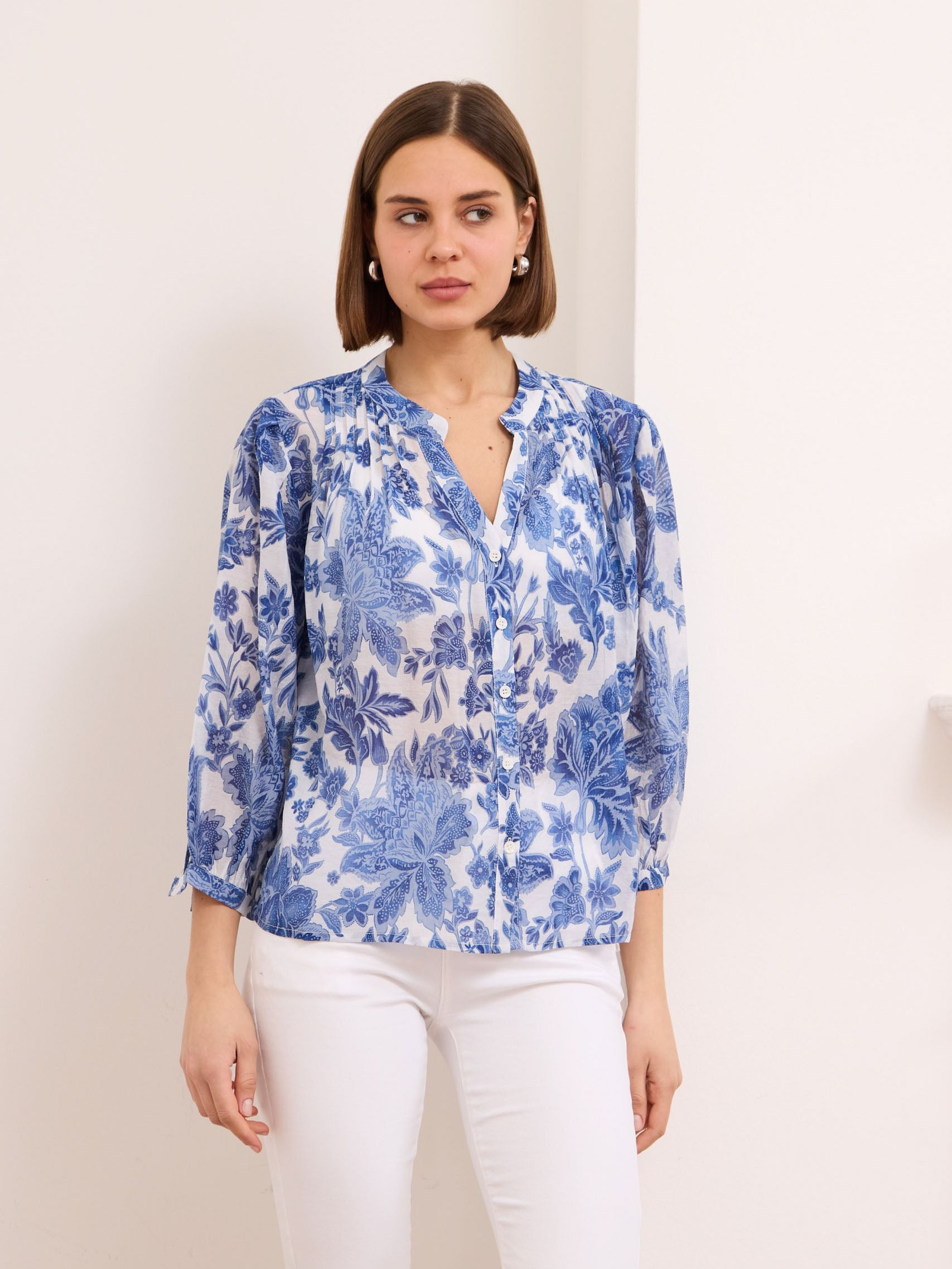 Jennah denim blue floral print silk blend blouse