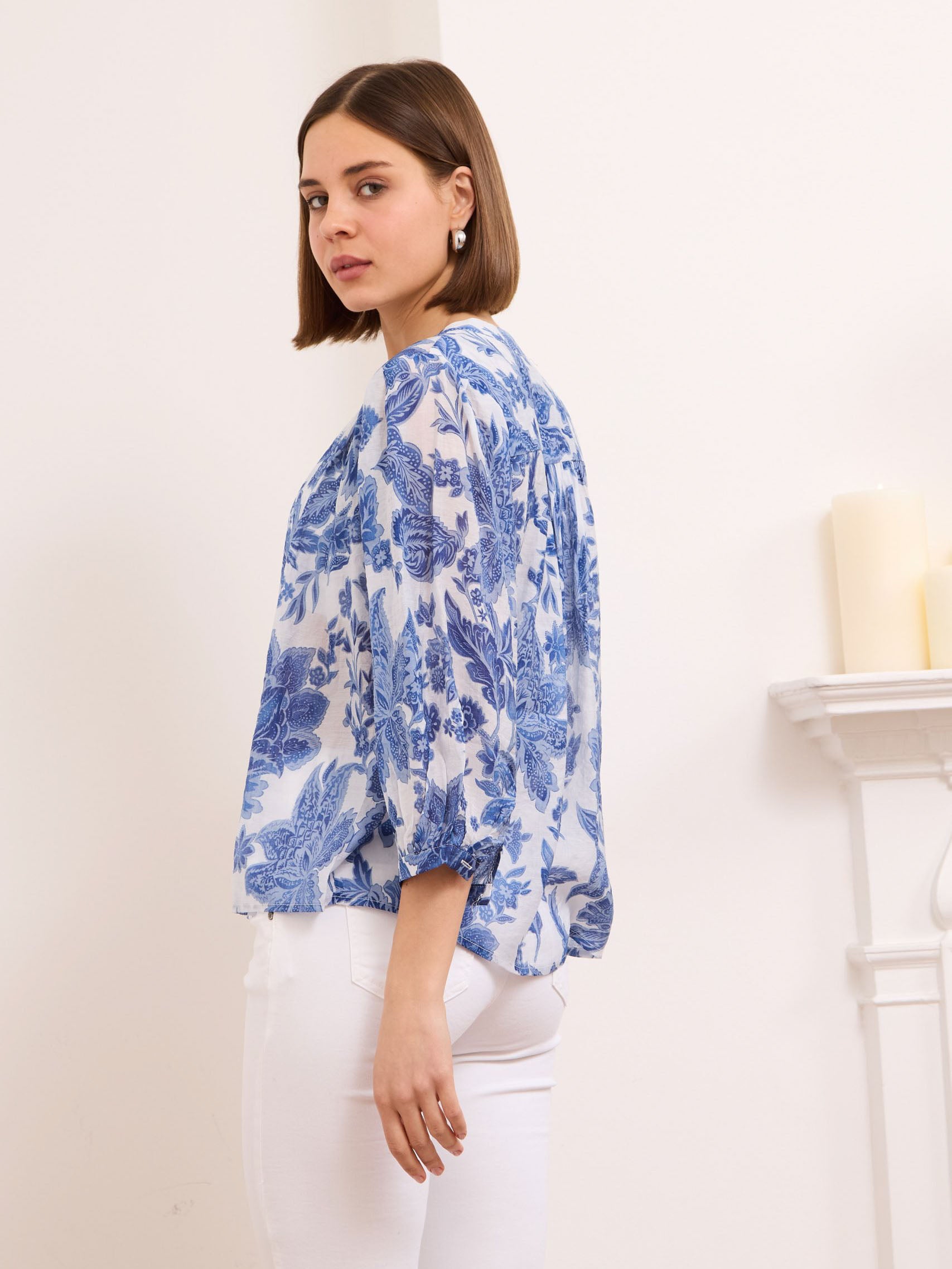 Jennah denim blue floral print silk blend blouse