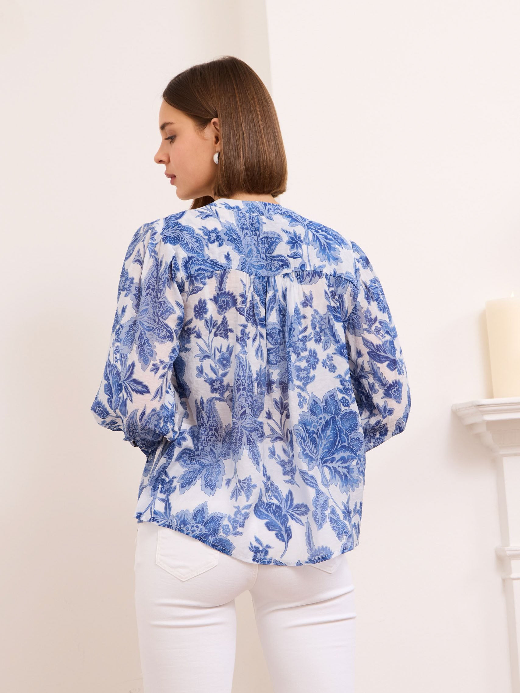 Jennah denim blue floral print silk blend blouse