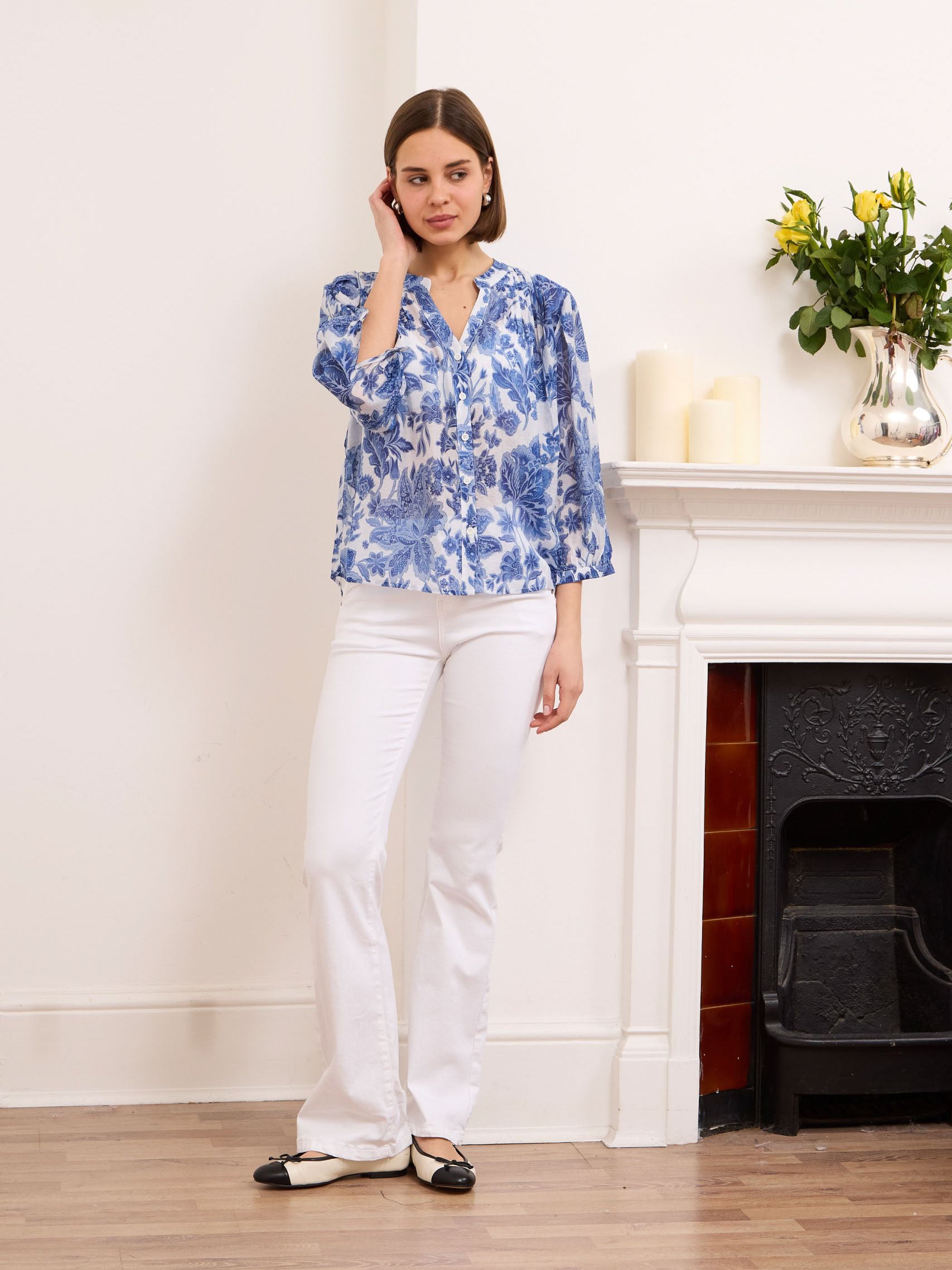 Jennah denim blue floral print silk blend blouse
