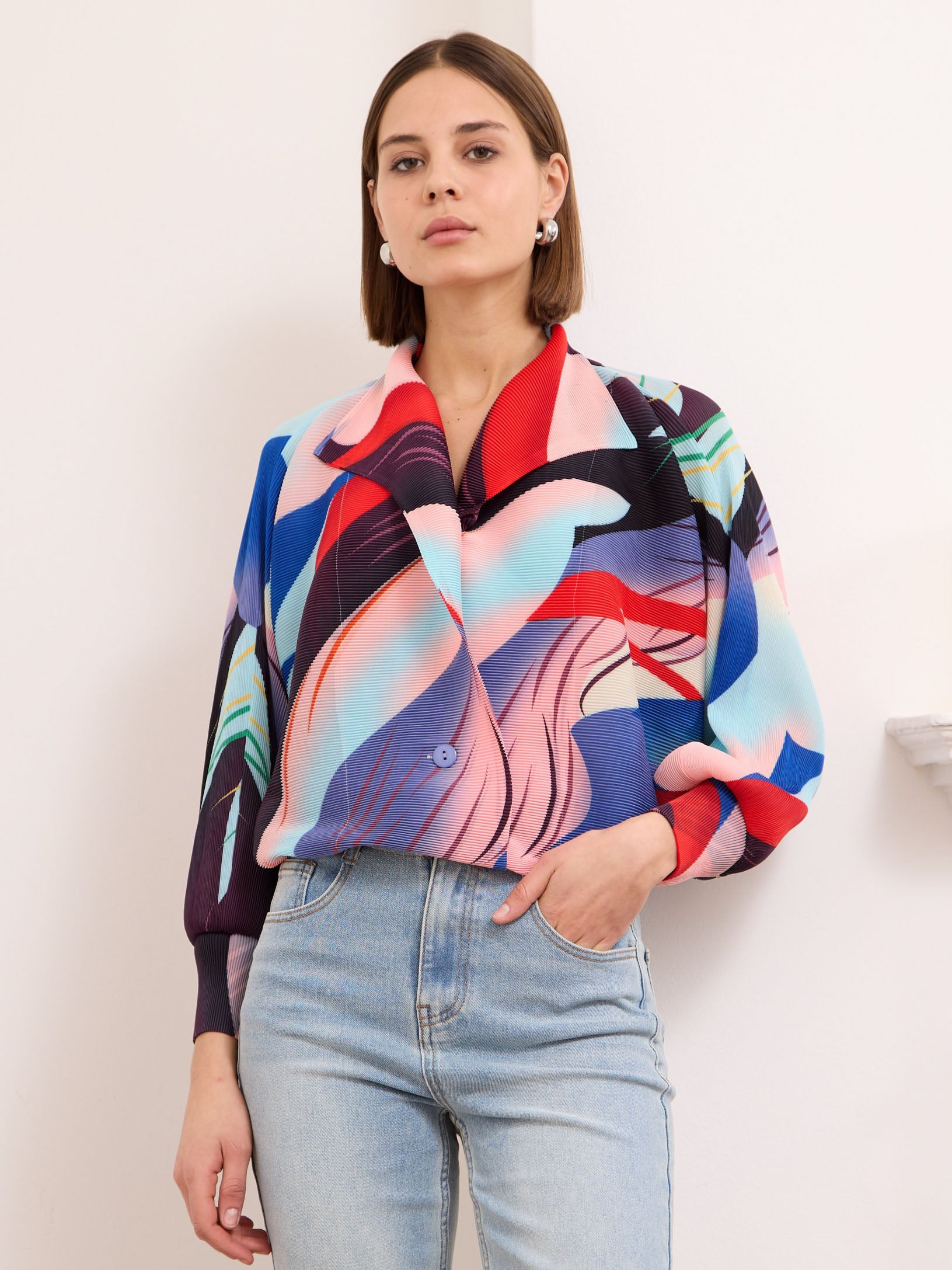 Juliette red blue printed pleated bomber jacket