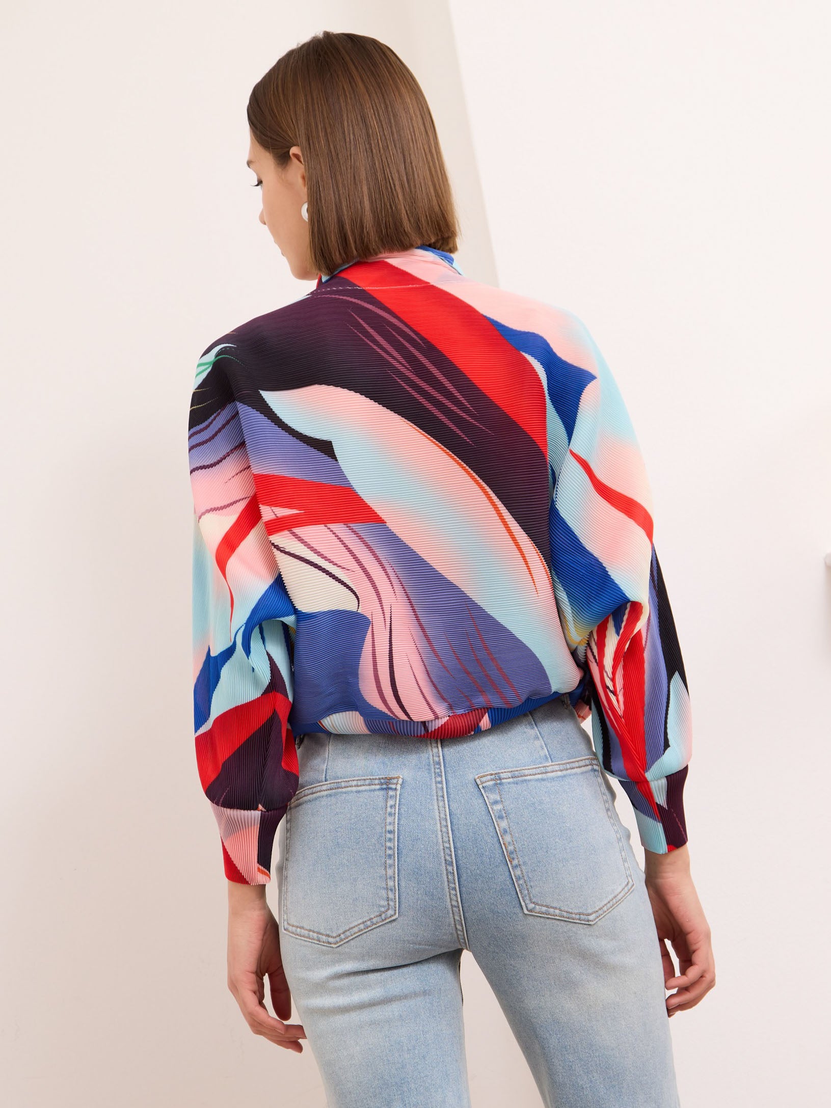 Juliette red blue printed pleated bomber jacket
