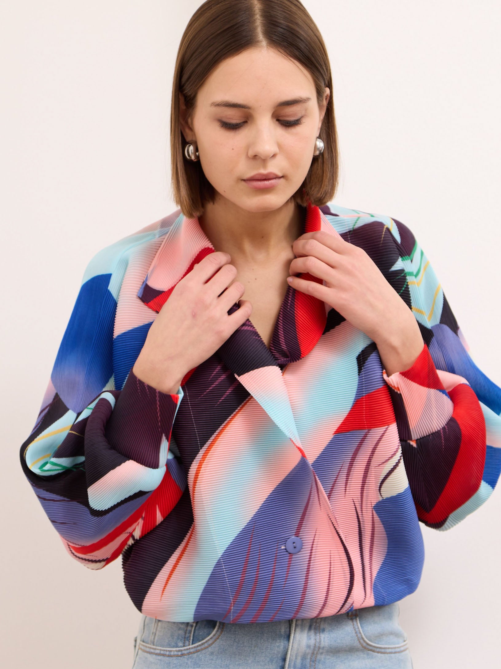 Juliette red blue printed pleated bomber jacket