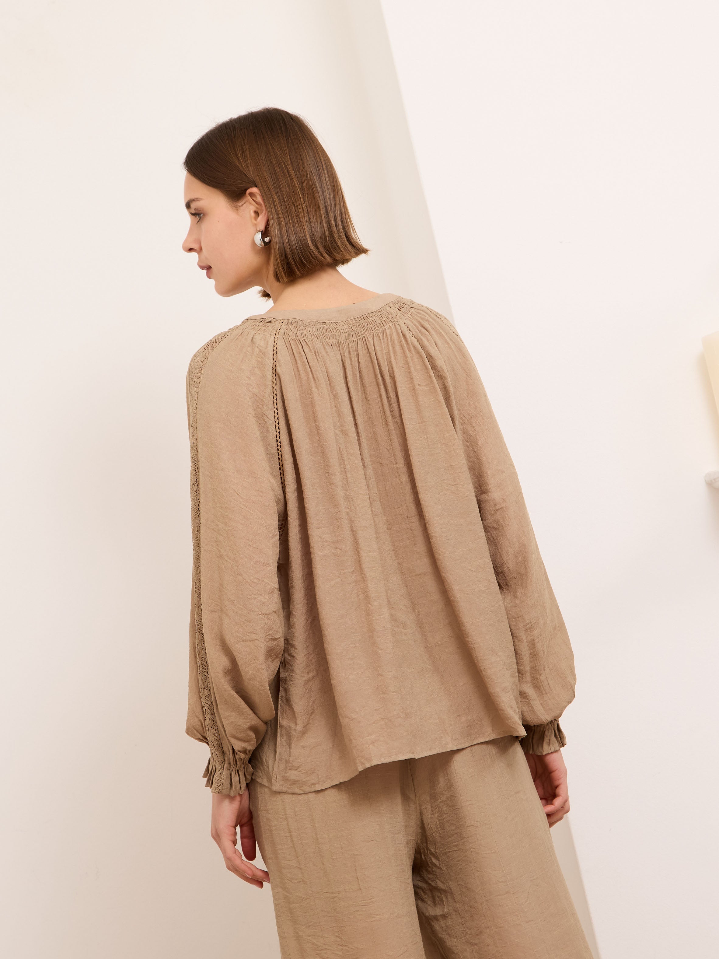 Adelaide sand v neck crochet trim top