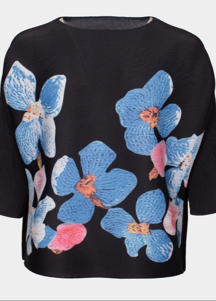 Cary navy multi floral pleated scoop neck top