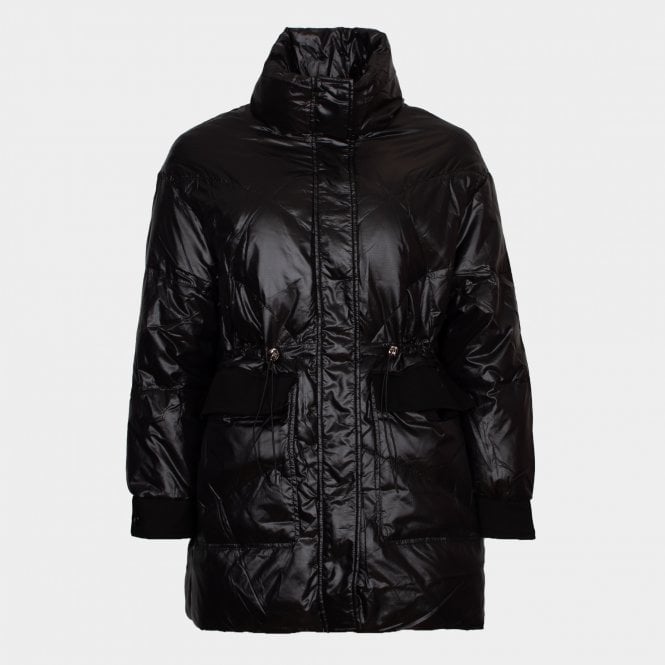 Charmaine black glossy midi length puffa coat