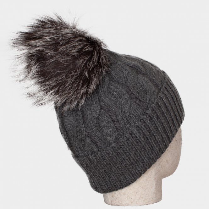 Connie grey cashmere blend cable knit bobble hat
