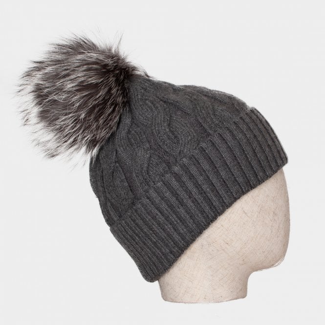 Connie grey cashmere blend cable knit bobble hat