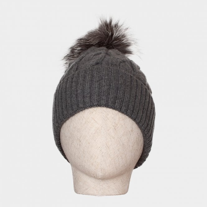 Connie grey cashmere blend cable knit bobble hat