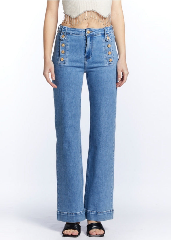 Doreen light wash stretch denim military button front jeans