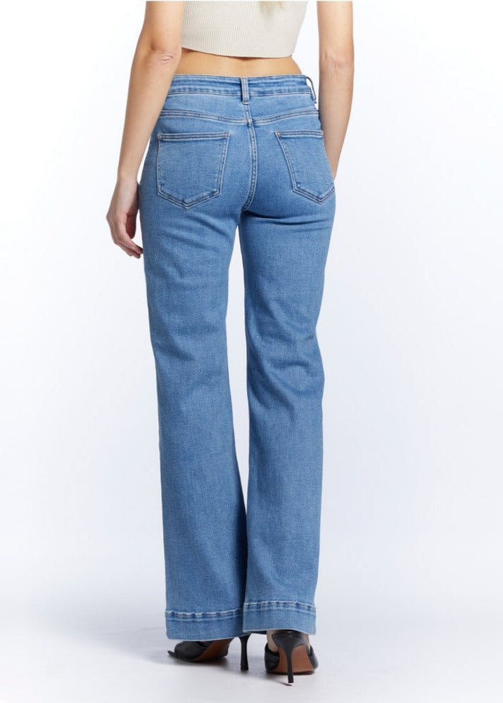 Doreen light wash stretch denim military button front jeans