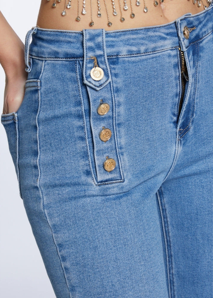 Doreen light wash stretch denim military button front jeans