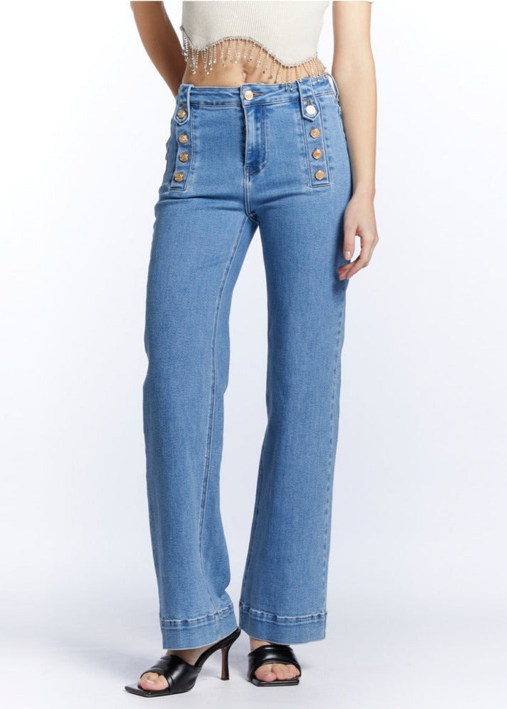 Doreen light wash stretch denim military button front jeans