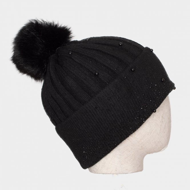 Gem black cashmere blend knit beaded bobble hat