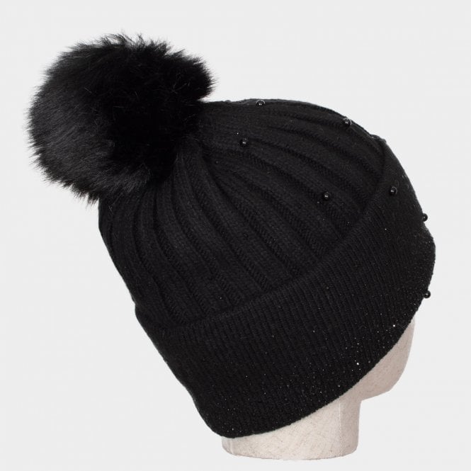 Gem black cashmere blend knit beaded bobble hat