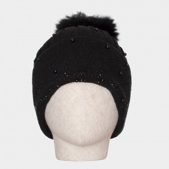 Gem black cashmere blend knit beaded bobble hat