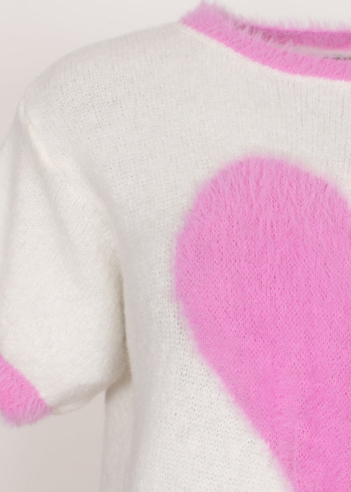 Heart pink crew neck short sleeve fluffy jumper