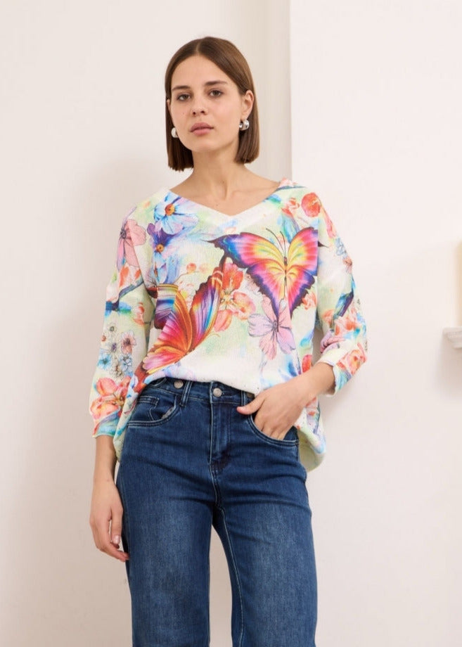 Iris white multi printed soft touch v neck jumper