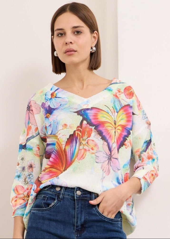 Iris white multi printed soft touch v neck jumper