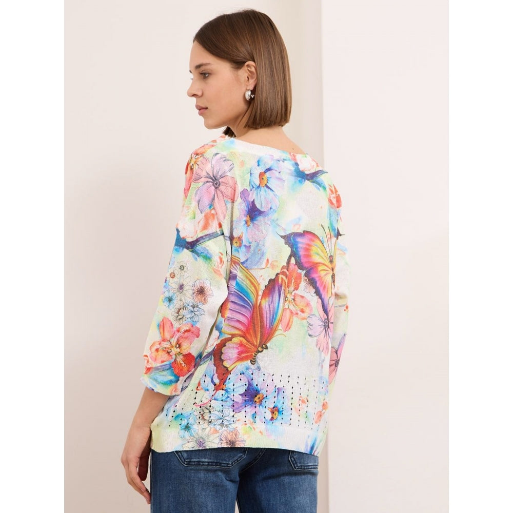 Iris white multi printed soft touch v neck jumper