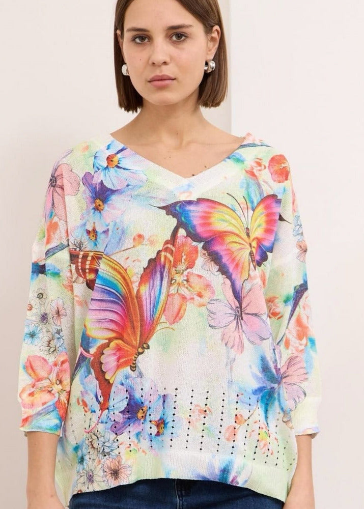 Iris white multi printed soft touch v neck jumper
