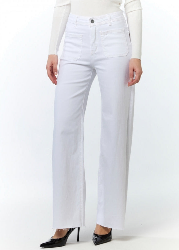 Jocelyn - White stretch patch pocket raw edge jean