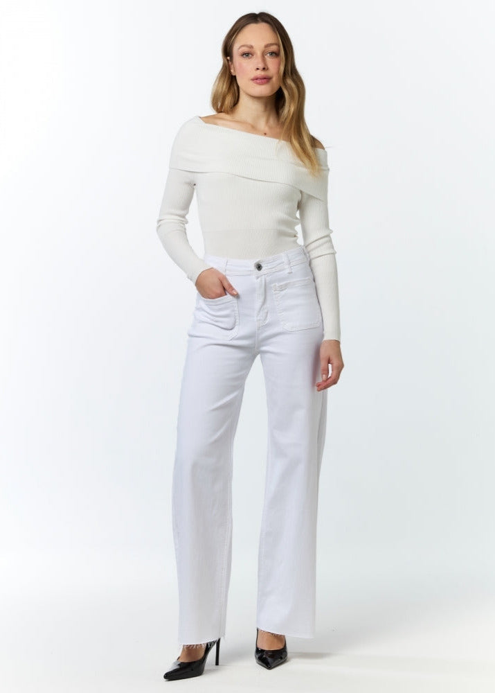 Jocelyn - White stretch patch pocket raw edge jean