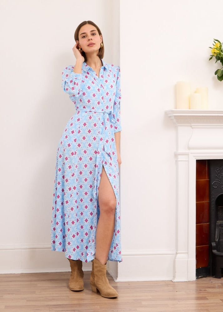 Luna - Printed shirt dress Sky Blue/Rasberry