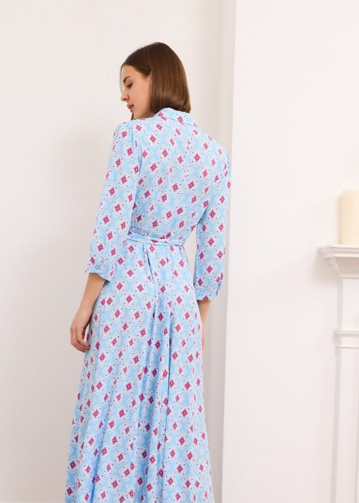 Luna - Printed shirt dress Sky Blue/Rasberry