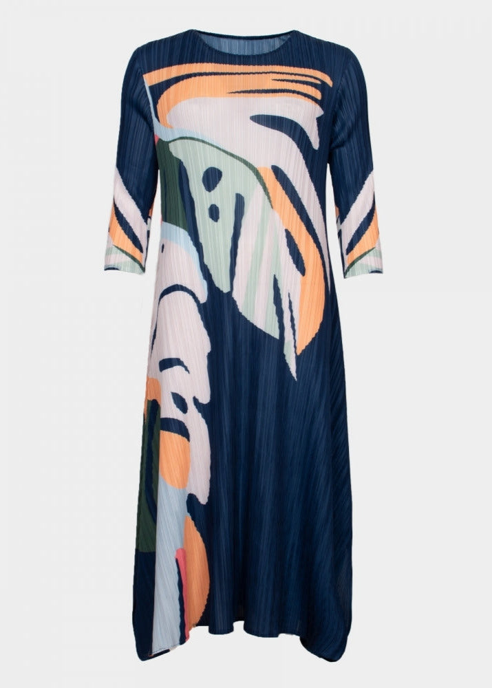 Montana navy splash print sleeved pleated trapeze dress