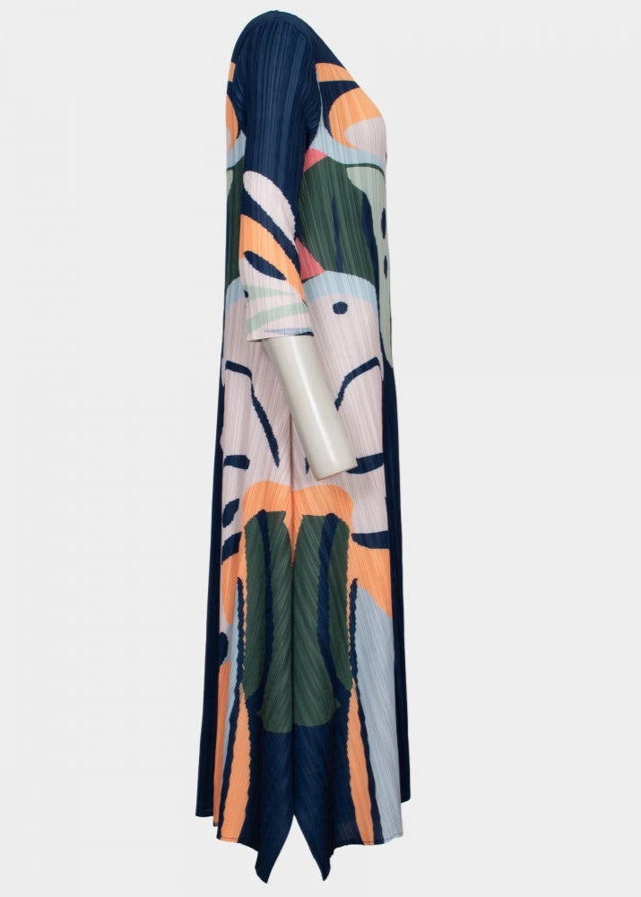 Montana navy splash print sleeved pleated trapeze dress