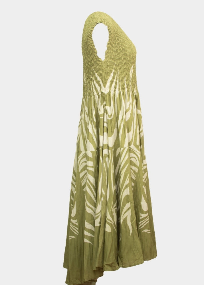 Nicolette green printed sleeveless midi length dress
